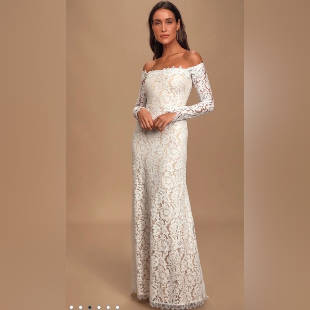 Lulu's Off-Shoulder Lace Wedding Dress in Cream